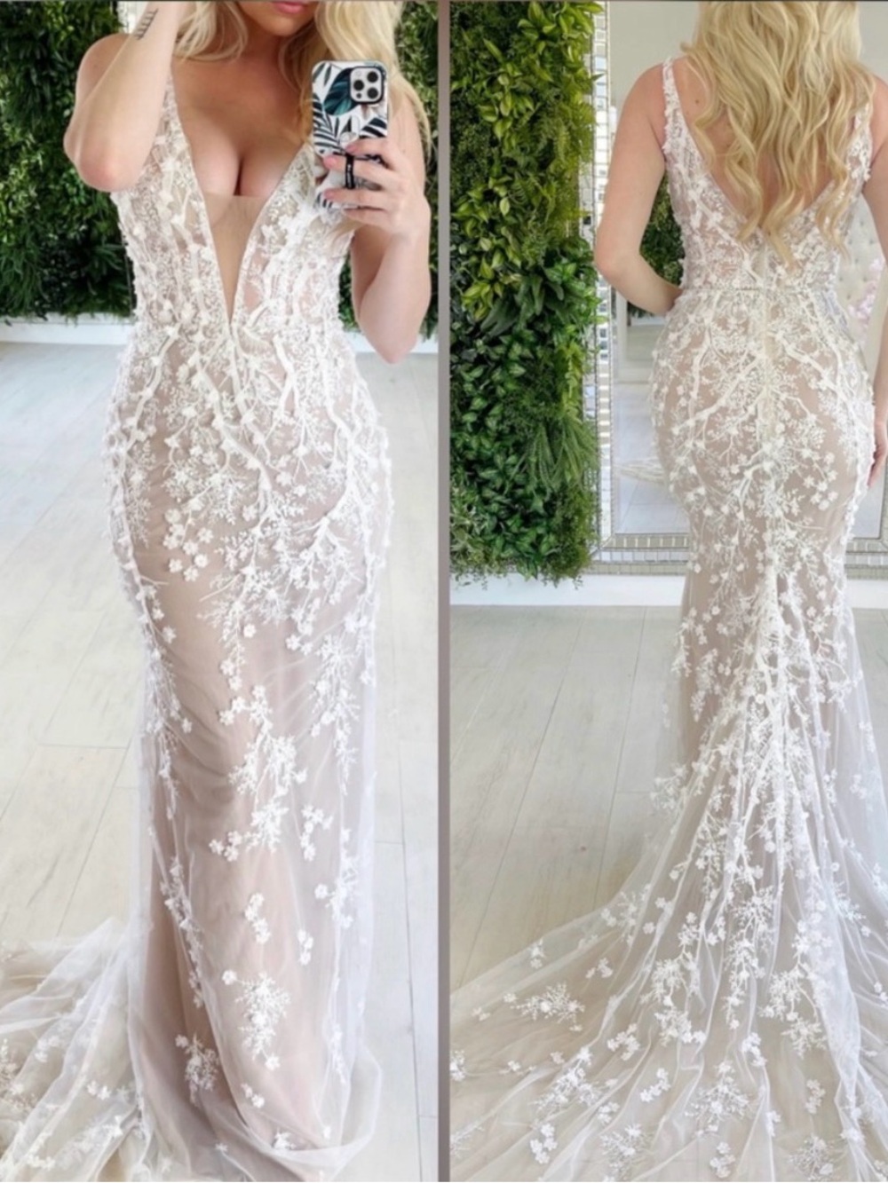 Boutique 9 Sheer Nude Gown with White Lace Appliqué